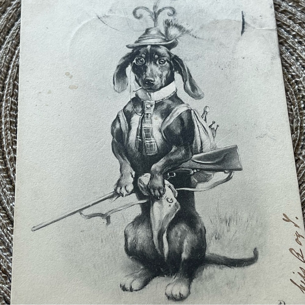 Dachshund Dog Dressed in Black Forest Hunting Attire Postcard Germany 1928